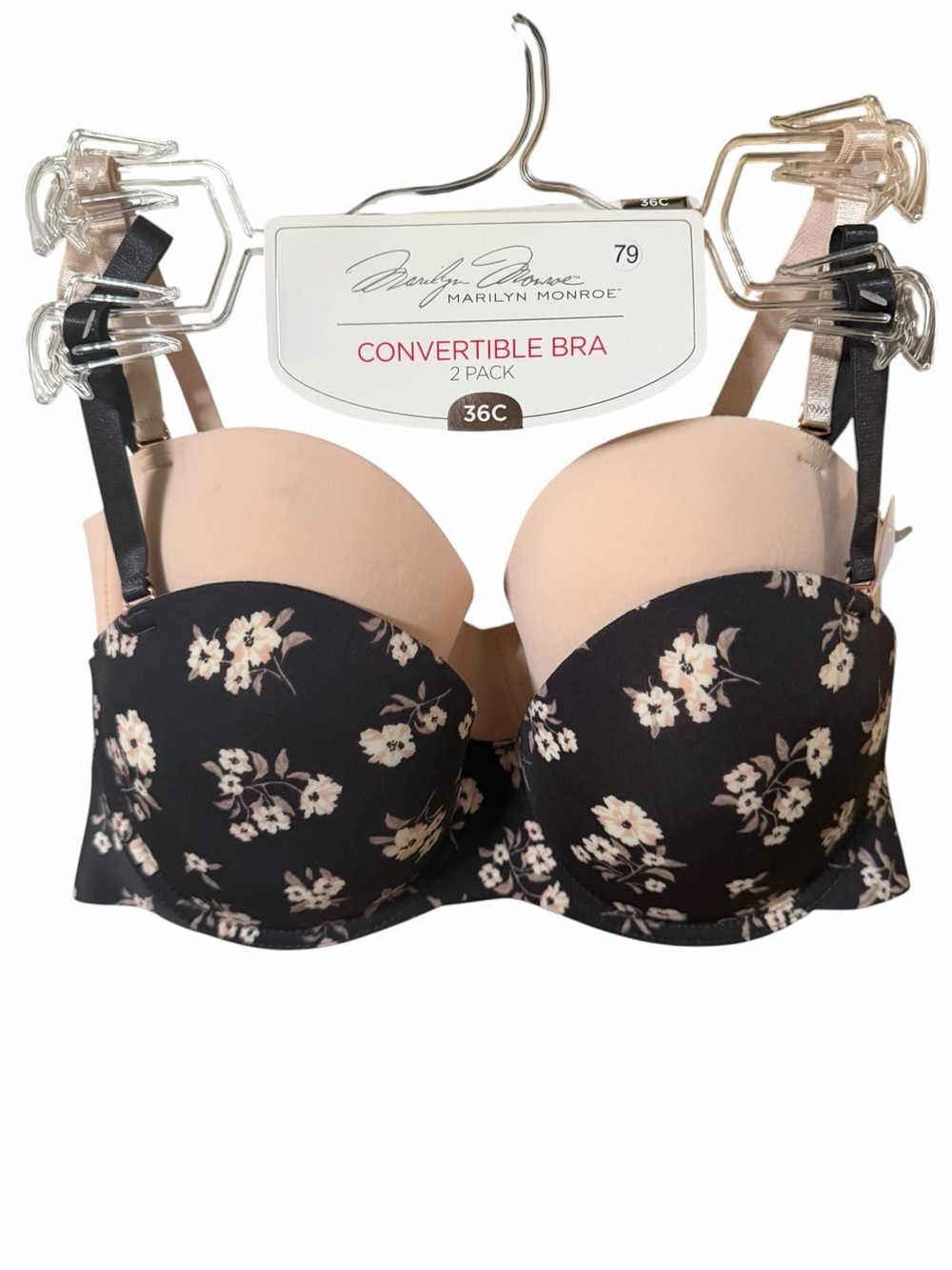 Marilyn Monroe Convertible Bra 2-Pack - Black Floral & Nude